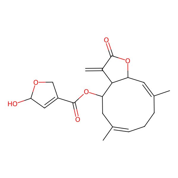 2D Structure of [(3aR,4R,6E,10E,11aR)-6,10-dimethyl-3-methylidene-2-oxo-3a,4,5,8,9,11a-hexahydrocyclodeca[b]furan-4-yl] (5S)-5-hydroxy-2,5-dihydrofuran-3-carboxylate