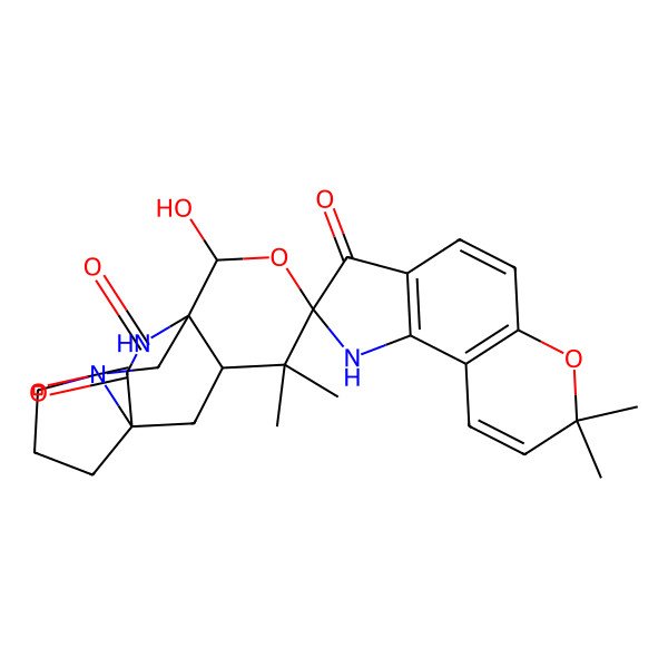 2D Structure of 7'-hydroxy-4',4',7,7-tetramethylspiro[1H-pyrano[2,3-g]indole-2,5'-6-oxa-10,15-diazatetracyclo[6.5.2.01,10.03,8]pentadecane]-3,9',14'-trione
