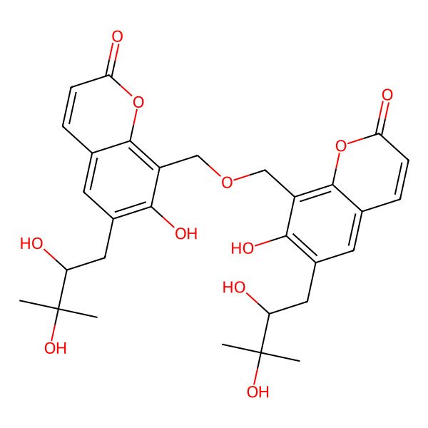 2D Structure of 6-(2,3-Dihydroxy-3-methylbutyl)-8-[[6-(2,3-dihydroxy-3-methylbutyl)-7-hydroxy-2-oxochromen-8-yl]methoxymethyl]-7-hydroxychromen-2-one