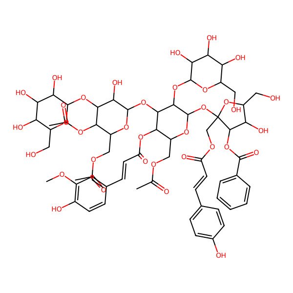 2D Structure of [2-[4-[5-Acetyloxy-6-(acetyloxymethyl)-3-hydroxy-4-[3,4,5-trihydroxy-6-(hydroxymethyl)oxan-2-yl]oxyoxan-2-yl]oxy-6-(acetyloxymethyl)-5-[3-(4-hydroxy-3-methoxyphenyl)prop-2-enoyloxy]-3-[3,4,5-trihydroxy-6-(hydroxymethyl)oxan-2-yl]oxyoxan-2-yl]oxy-4-hydroxy-5-(hydroxymethyl)-2-[3-(4-hydroxyphenyl)prop-2-enoyloxymethyl]oxolan-3-yl] benzoate