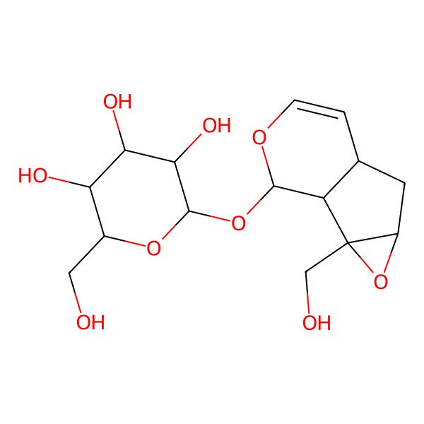 2D Structure of 1A-(Hydroxymethyl)-1A,1B,2,5A,6,6A-hexahydrooxireno[4,5]cyclopenta[1,2-C]pyran-2-YL hexopyranoside