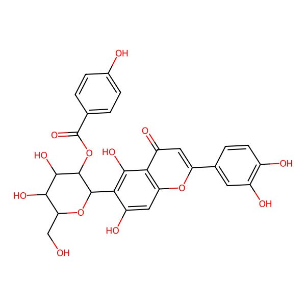 2D Structure of [(2S,3R,4S,5S,6R)-2-[2-(3,4-dihydroxyphenyl)-5,7-dihydroxy-4-oxochromen-6-yl]-4,5-dihydroxy-6-(hydroxymethyl)oxan-3-yl] 4-hydroxybenzoate