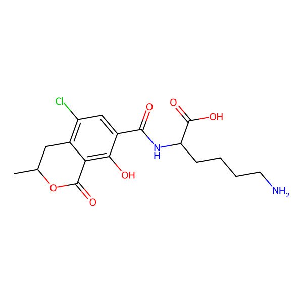 2D Structure of (2S)-6-amino-2-[(5-chloro-8-hydroxy-3-methyl-1-oxo-3,4-dihydroisochromene-7-carbonyl)amino]hexanoic acid
