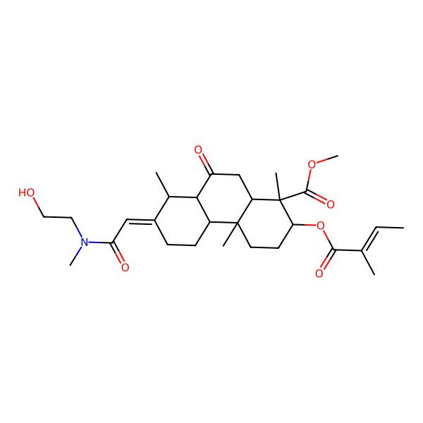 2D Structure of Methyl 7-[2-[2-hydroxyethyl(methyl)amino]-2-oxoethylidene]-1,4a,8-trimethyl-2-(2-methylbut-2-enoyloxy)-9-oxo-2,3,4,4b,5,6,8,8a,10,10a-decahydrophenanthrene-1-carboxylate