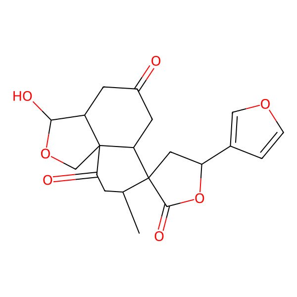 2D Structure of (3R,3aR,5'S,6aS,7R,8R,10aR)-5'-(furan-3-yl)-3-hydroxy-8-methylspiro[1,3,3a,4,6,6a,8,9-octahydrobenzo[d][2]benzofuran-7,3'-oxolane]-2',5,10-trione