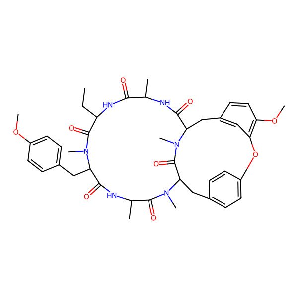 2D Structure of 7-Ethyl-24-methoxy-10-[(4-methoxyphenyl)methyl]-4,9,13,15,29-pentamethyl-22-oxa-3,6,9,12,15,29-hexazatetracyclo[14.12.2.218,21.123,27]tritriaconta-18,20,23,25,27(31),32-hexaene-2,5,8,11,14,30-hexone