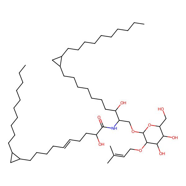 2D Structure of (Z,2R)-10-[(1S,2S)-2-decylcyclopropyl]-N-[(2S,3R)-10-[(1S,2S)-2-decylcyclopropyl]-1-[(2R,3R,4S,5R,6R)-4,5-dihydroxy-6-(hydroxymethyl)-3-(3-methylbut-2-enoxy)oxan-2-yl]oxy-3-hydroxydecan-2-yl]-2-hydroxydec-5-enamide