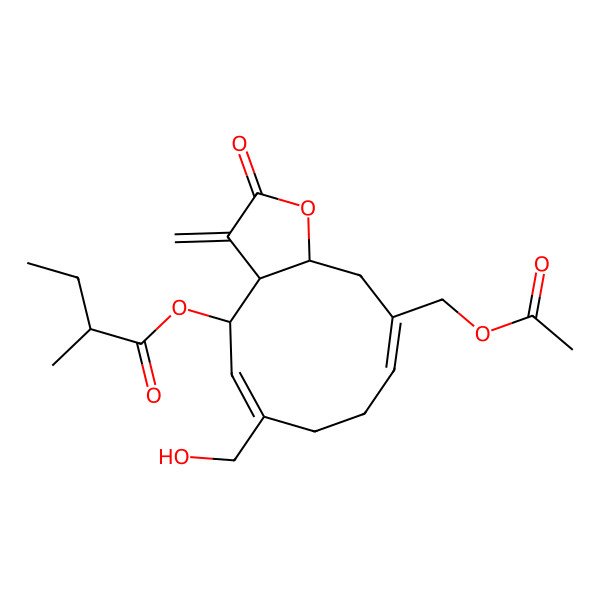 2D Structure of [(3aR,4R,5Z,9Z,11aS)-10-(acetyloxymethyl)-6-(hydroxymethyl)-3-methylidene-2-oxo-3a,4,7,8,11,11a-hexahydrocyclodeca[b]furan-4-yl] (2R)-2-methylbutanoate