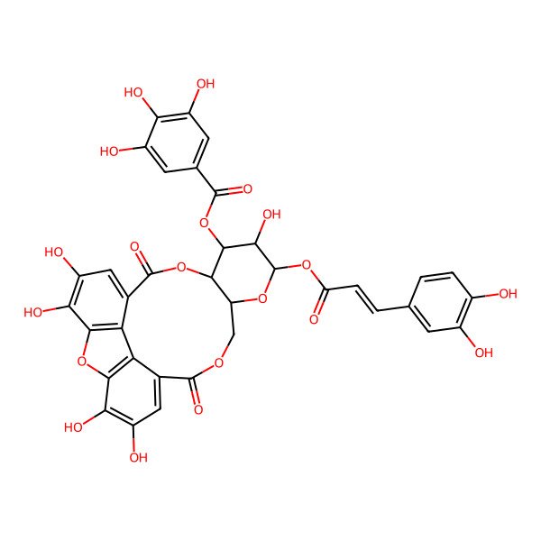 2D Structure of [11-[3-(3,4-Dihydroxyphenyl)prop-2-enoyloxy]-2,3,10,19,20-pentahydroxy-6,16-dioxo-7,12,15,24-tetraoxapentacyclo[19.2.1.05,23.08,13.017,22]tetracosa-1(23),2,4,17,19,21-hexaen-9-yl] 3,4,5-trihydroxybenzoate