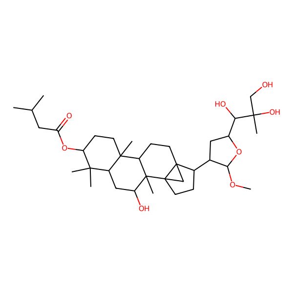 2D Structure of [3-Hydroxy-15-[2-methoxy-5-(1,2,3-trihydroxy-2-methylpropyl)oxolan-3-yl]-2,6,6,10-tetramethyl-7-pentacyclo[12.3.1.01,14.02,11.05,10]octadecanyl] 3-methylbutanoate