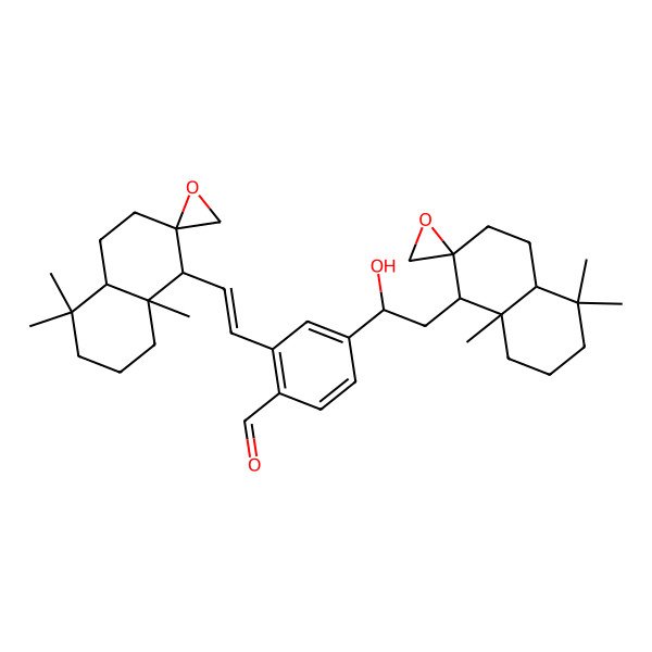 2D Structure of 2-[2-(5,5,8a-trimethylspiro[3,4,4a,6,7,8-hexahydro-1H-naphthalene-2,2'-oxirane]-1-yl)ethenyl]-4-[2-(5,5,8a-trimethylspiro[3,4,4a,6,7,8-hexahydro-1H-naphthalene-2,2'-oxirane]-1-yl)-1-hydroxyethyl]benzaldehyde