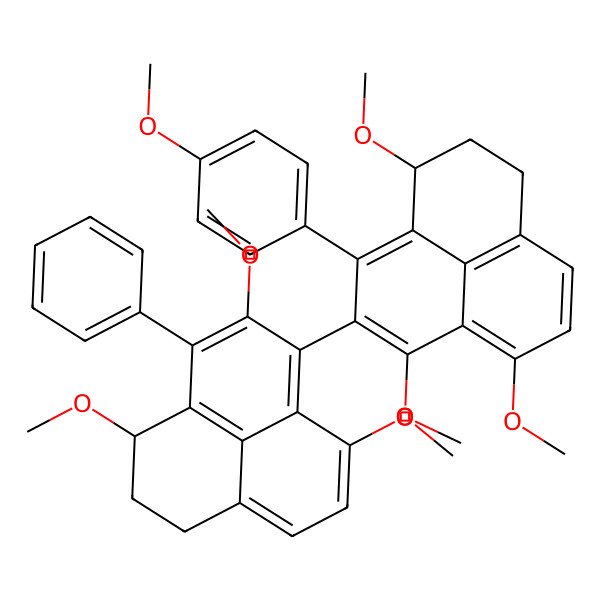 2D Structure of (1R)-1,6,7-trimethoxy-9-(4-methoxyphenyl)-8-[(4S)-2,4,9-trimethoxy-3-phenyl-5,6-dihydro-4H-phenalen-1-yl]-2,3-dihydro-1H-phenalene