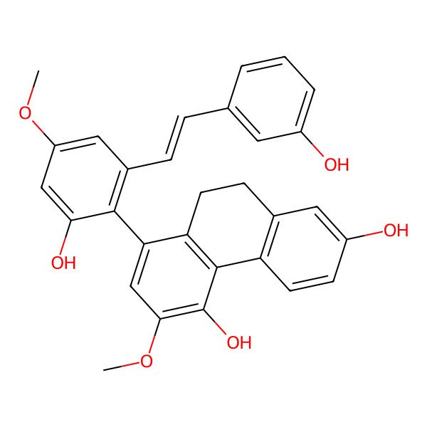 2D Structure of 8-[2-hydroxy-6-[(E)-2-(3-hydroxyphenyl)ethenyl]-4-methoxyphenyl]-6-methoxy-9,10-dihydrophenanthrene-2,5-diol