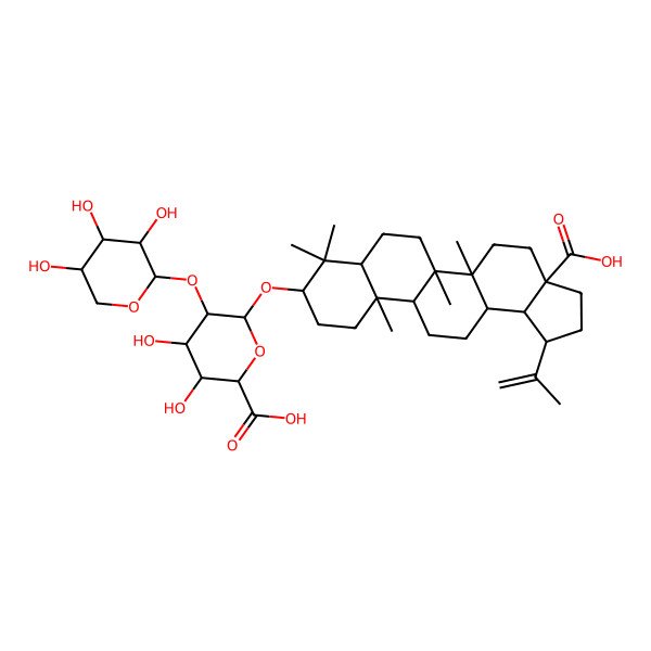2D Structure of (2S,3S,4S,5R,6R)-6-[[(1R,3aS,5aR,5bR,7aR,9S,11aR,11bR,13aR,13bR)-3a-carboxy-5a,5b,8,8,11a-pentamethyl-1-prop-1-en-2-yl-1,2,3,4,5,6,7,7a,9,10,11,11b,12,13,13a,13b-hexadecahydrocyclopenta[a]chrysen-9-yl]oxy]-3,4-dihydroxy-5-[(2S,3R,4S,5R)-3,4,5-trihydroxyoxan-2-yl]oxyoxane-2-carboxylic acid