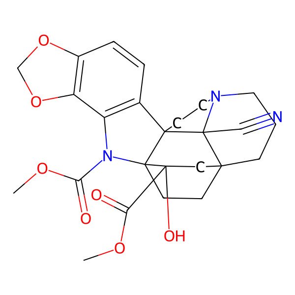 2D Structure of dimethyl (1S,12R,19R,21S,24S)-24-cyano-21-hydroxy-5,7-dioxa-2,15-diazaheptacyclo[17.2.2.112,15.01,12.03,11.04,8.019,24]tetracosa-3(11),4(8),9-triene-2,21-dicarboxylate