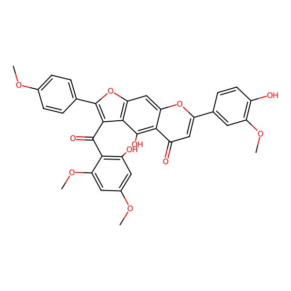 2D Structure of 4-Hydroxy-3-(2-hydroxy-4,6-dimethoxybenzoyl)-7-(4-hydroxy-3-methoxyphenyl)-2-(4-methoxyphenyl)furo[3,2-g]chromen-5-one