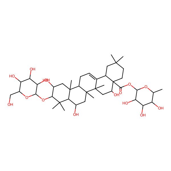 2D Structure of [(2S,3R,4R,5R,6S)-3,4,5-trihydroxy-6-methyloxan-2-yl] (4aR,5R,6aR,6aS,6bR,8R,8aR,10R,11S,12aR,14bS)-5,8,11-trihydroxy-2,2,6a,6b,9,9,12a-heptamethyl-10-[(2R,3R,4S,5S,6R)-3,4,5-trihydroxy-6-(hydroxymethyl)oxan-2-yl]oxy-1,3,4,5,6,6a,7,8,8a,10,11,12,13,14b-tetradecahydropicene-4a-carboxylate