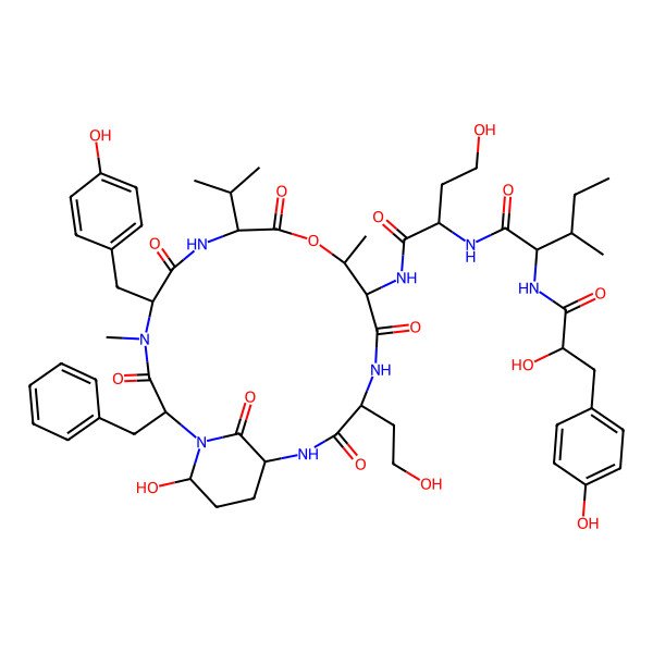 2D Structure of (2S)-N-[1-[[(2S,8S,11R,12S)-2-benzyl-21-hydroxy-15-(2-hydroxyethyl)-5-[(4-hydroxyphenyl)methyl]-4,11-dimethyl-3,6,9,13,16,22-hexaoxo-8-propan-2-yl-10-oxa-1,4,7,14,17-pentazabicyclo[16.3.1]docosan-12-yl]amino]-4-hydroxy-1-oxobutan-2-yl]-2-[[2-hydroxy-3-(4-hydroxyphenyl)propanoyl]amino]-3-methylpentanamide