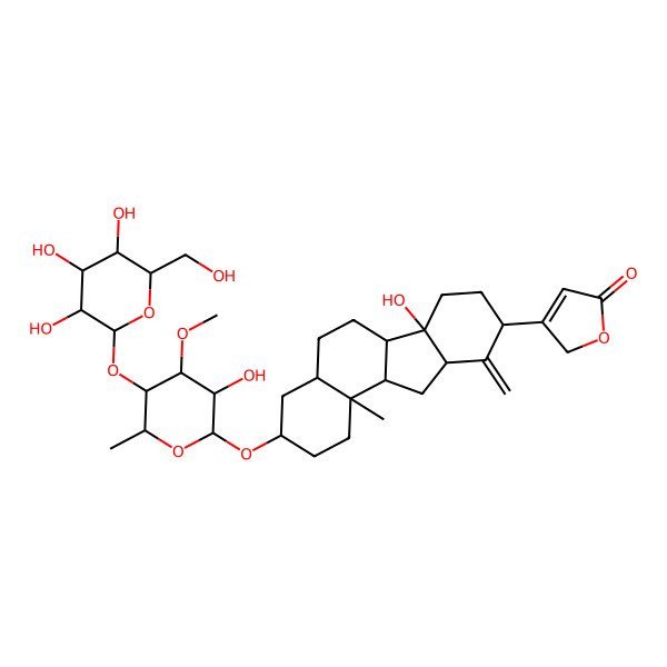 2D Structure of 3-[(3S,4aR,6aR,6bS,9S,10aR,11aS,11bS)-6b-hydroxy-3-[(2R,3R,4S,5S,6S)-3-hydroxy-4-methoxy-6-methyl-5-[(2S,3R,4S,5S,6R)-3,4,5-trihydroxy-6-(hydroxymethyl)oxan-2-yl]oxyoxan-2-yl]oxy-11b-methyl-10-methylidene-1,2,3,4,4a,5,6,6a,7,8,9,10a,11,11a-tetradecahydrobenzo[a]fluoren-9-yl]-2H-furan-5-one