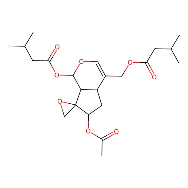 2D Structure of [(4aR,7R,7aS)-6-acetyloxy-1-(3-methylbutanoyloxy)spiro[4a,5,6,7a-tetrahydro-1H-cyclopenta[c]pyran-7,2'-oxirane]-4-yl]methyl 3-methylbutanoate