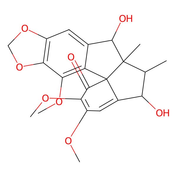 2D Structure of 11,14-Dihydroxy-3,17,18-trimethoxy-12,13-dimethyl-5,7-dioxapentacyclo[10.7.0.01,15.02,10.04,8]nonadeca-2,4(8),9,15,17-pentaen-19-one