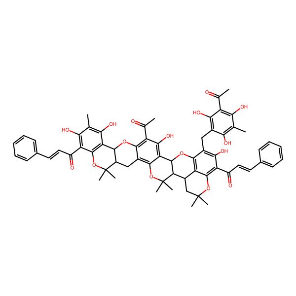 2D Structure of (E)-1-[(1R,2R,8R,17R,23S)-20-acetyl-26-[(3-acetyl-2,4,6-trihydroxy-5-methylphenyl)methyl]-13,15,21,27-tetrahydroxy-3,3,9,9,14,31,31-heptamethyl-28-[(E)-3-phenylprop-2-enoyl]-4,10,18,24,30-pentaoxaoctacyclo[23.7.1.02,23.05,22.06,19.08,17.011,16.029,33]tritriaconta-5,11(16),12,14,19,21,25(33),26,28-nonaen-12-yl]-3-phenylprop-2-en-1-one