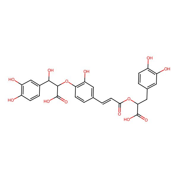 2D Structure of (2R,3S)-2-[4-[(E)-3-[(1S)-1-carboxy-2-(3,4-dihydroxyphenyl)ethoxy]-3-oxoprop-1-enyl]-2-hydroxyphenoxy]-3-(3,4-dihydroxyphenyl)-3-hydroxypropanoic acid