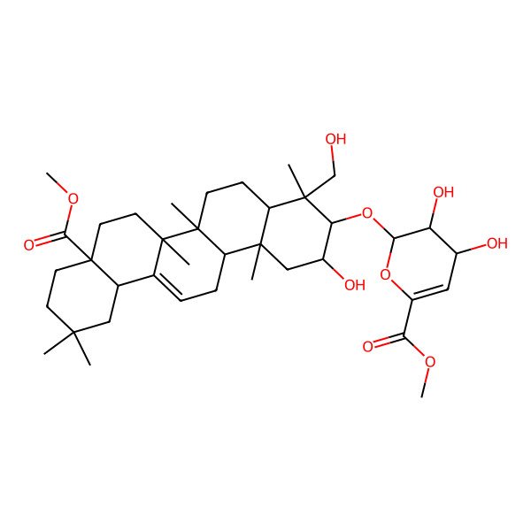 2D Structure of methyl (2R,3R,4S)-2-[[(2S,3R,4R,4aR,6aR,6bS,8aS,12aS,14aR,14bR)-2-hydroxy-4-(hydroxymethyl)-8a-methoxycarbonyl-4,6a,6b,11,11,14b-hexamethyl-1,2,3,4a,5,6,7,8,9,10,12,12a,14,14a-tetradecahydropicen-3-yl]oxy]-3,4-dihydroxy-3,4-dihydro-2H-pyran-6-carboxylate