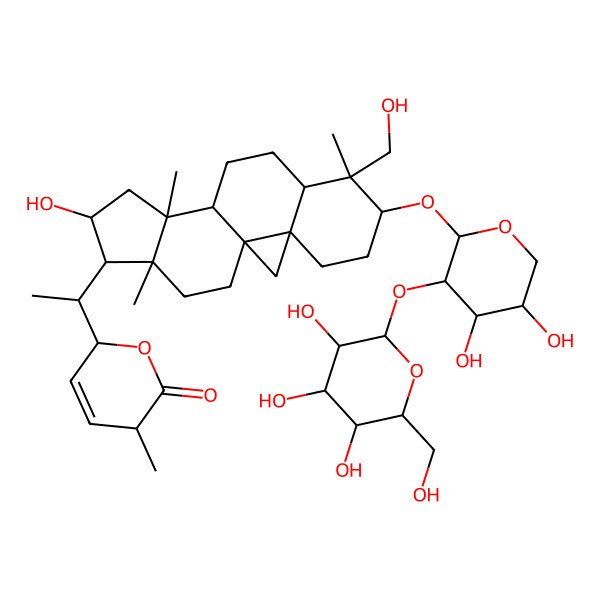 2D Structure of (2S)-2-[(1S)-1-[(1S,3R,6S,7R,8R,11S,12S,14R,15R,16R)-6-[(2S,3R,4S,5S)-4,5-dihydroxy-3-[(2S,3R,4S,5S,6R)-3,4,5-trihydroxy-6-(hydroxymethyl)oxan-2-yl]oxyoxan-2-yl]oxy-14-hydroxy-7-(hydroxymethyl)-7,12,16-trimethyl-15-pentacyclo[9.7.0.01,3.03,8.012,16]octadecanyl]ethyl]-5-methyl-2,5-dihydropyran-6-one