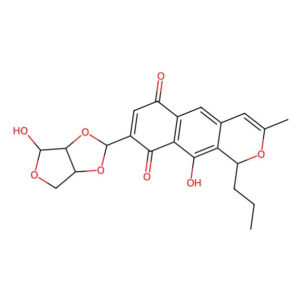 2D Structure of (1R)-8-[(2S,3aR,4R,6aR)-4-hydroxy-3a,4,6,6a-tetrahydrofuro[3,4-d][1,3]dioxol-2-yl]-10-hydroxy-3-methyl-1-propyl-1H-benzo[g]isochromene-6,9-dione