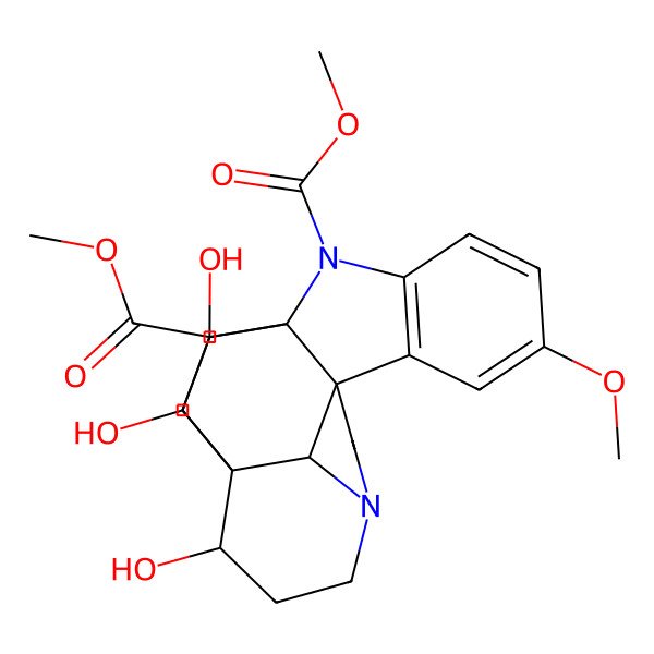 2D Structure of Dimethyl 15,17,18-trihydroxy-6-methoxy-2,12-diazahexacyclo[14.2.2.19,12.01,9.03,8.016,21]henicosa-3(8),4,6-triene-2,18-dicarboxylate