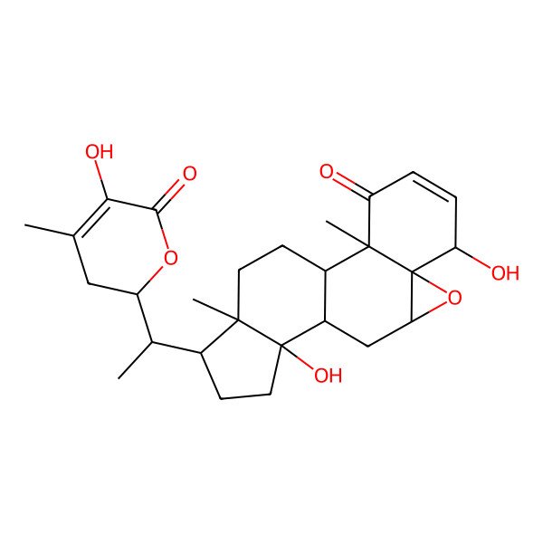 2D Structure of 6,12-Dihydroxy-15-[1-(5-hydroxy-4-methyl-6-oxo-2,3-dihydropyran-2-yl)ethyl]-2,16-dimethyl-8-oxapentacyclo[9.7.0.02,7.07,9.012,16]octadec-4-en-3-one