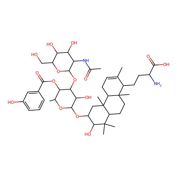 2D Structure of 4-[6-[4-[3-acetamido-4,5-dihydroxy-6-(hydroxymethyl)oxan-2-yl]oxy-3-hydroxy-5-(3-hydroxybenzoyl)oxy-6-methyloxan-2-yl]oxy-7-hydroxy-2,4b,8,8,10a-pentamethyl-4,4a,5,6,7,8a,9,10-octahydro-1H-phenanthren-1-yl]-2-aminobutanoic acid