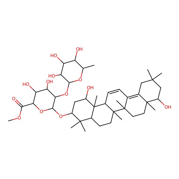 2D Structure of methyl (2S,3S,4S,5R,6R)-6-[[(1R,3S,4aS,6aR,6bS,8aR,9R,14aS,14bS)-1,9-dihydroxy-4,4,6a,6b,8a,11,11,14b-octamethyl-1,2,3,4a,5,6,7,8,9,10,12,14a-dodecahydropicen-3-yl]oxy]-3,4-dihydroxy-5-[(2S,3R,4R,5R,6S)-3,4,5-trihydroxy-6-methyloxan-2-yl]oxyoxane-2-carboxylate