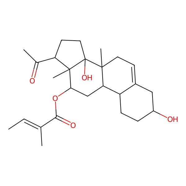 2D Structure of [(3S,8R,9R,12R,13S,14S,17S)-17-acetyl-3,14-dihydroxy-8,13-dimethyl-1,2,3,4,7,9,10,11,12,15,16,17-dodecahydrocyclopenta[a]phenanthren-12-yl] (E)-2-methylbut-2-enoate