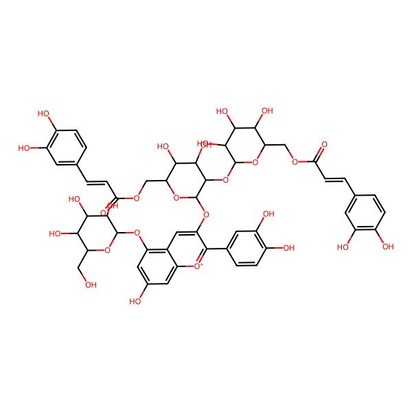 2D Structure of [(2S,3S,4S,5R,6S)-6-[(2S,3R,4R,5S,6R)-2-[2-(3,4-dihydroxyphenyl)-7-hydroxy-5-[(2S,3S,4S,5S,6S)-3,4,5-trihydroxy-6-(hydroxymethyl)oxan-2-yl]oxychromenylium-3-yl]oxy-6-[3-(3,4-dihydroxyphenyl)prop-2-enoyloxymethyl]-4,5-dihydroxyoxan-3-yl]oxy-3,4,5-trihydroxyoxan-2-yl]methyl 3-(3,4-dihydroxyphenyl)prop-2-enoate