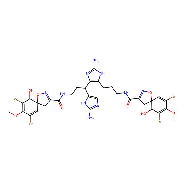 2D Structure of (5S,6R)-N-[3-[2-amino-4-[(1R)-1-(2-amino-1H-imidazol-5-yl)-3-[[(5S,6R)-7,9-dibromo-6-hydroxy-8-methoxy-1-oxa-2-azaspiro[4.5]deca-2,7,9-triene-3-carbonyl]amino]propyl]-1H-imidazol-5-yl]propyl]-7,9-dibromo-6-hydroxy-8-methoxy-1-oxa-2-azaspiro[4.5]deca-2,7,9-triene-3-carboxamide