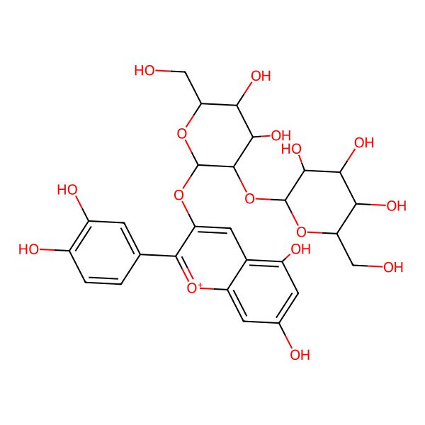 2D Structure of (2S,3R,4S,5R,6R)-2-[(2S,3R,4S,5S,6R)-2-[2-(3,4-dihydroxyphenyl)-5,7-dihydroxychromenylium-3-yl]oxy-4,5-dihydroxy-6-(hydroxymethyl)oxan-3-yl]oxy-6-(hydroxymethyl)oxane-3,4,5-triol