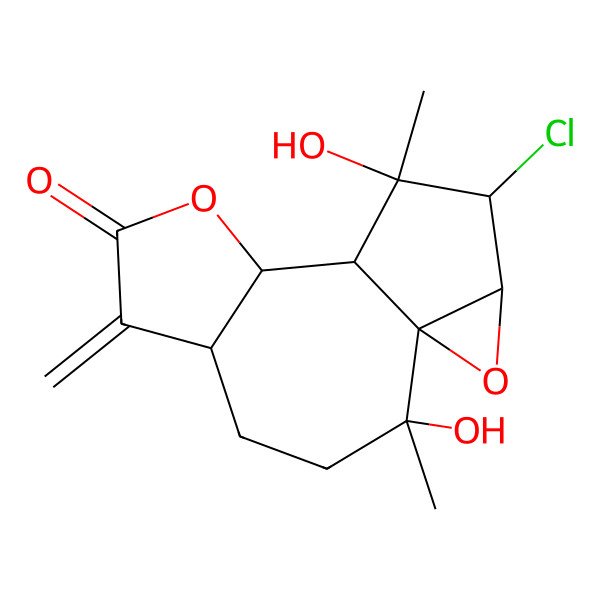 2D Structure of (1S,2R,5S,9S,10S,11R,12R,13S)-12-chloro-2,11-dihydroxy-2,11-dimethyl-6-methylidene-8,14-dioxatetracyclo[8.4.0.01,13.05,9]tetradecan-7-one