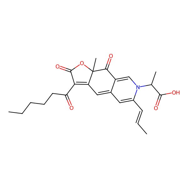 2D Structure of (2R)-2-[(9aR)-3-hexanoyl-9a-methyl-2,9-dioxo-6-[(E)-prop-1-enyl]uro[3,2-g]isoquinolin-7-yl]propanoic acid