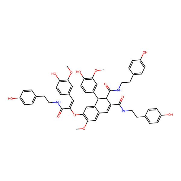 2D Structure of (1S,2R)-1-(4-hydroxy-3-methoxyphenyl)-7-[(Z)-1-(4-hydroxy-3-methoxyphenyl)-3-[2-(4-hydroxyphenyl)ethylamino]-3-oxoprop-1-en-2-yl]oxy-2-N,3-N-bis[2-(4-hydroxyphenyl)ethyl]-6-methoxy-1,2-dihydronaphthalene-2,3-dicarboxamide