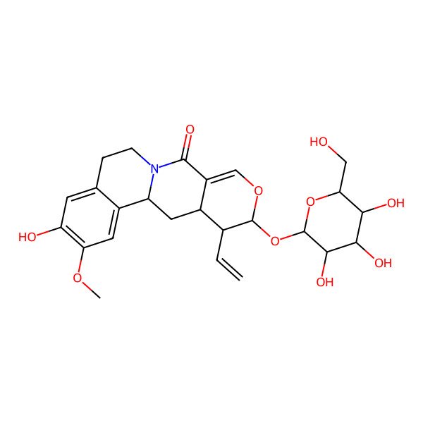 2D Structure of (1S,15S,16R,17S)-16-ethenyl-5-hydroxy-4-methoxy-15-[(2S,3R,4S,5S,6R)-3,4,5-trihydroxy-6-(hydroxymethyl)oxan-2-yl]oxy-14-oxa-10-azatetracyclo[8.8.0.02,7.012,17]octadeca-2,4,6,12-tetraen-11-one