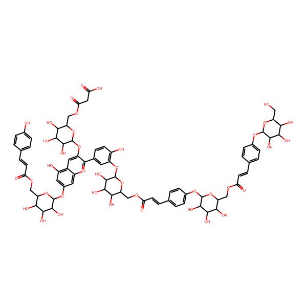 2D Structure of 3-oxo-3-[[(2R,3S,4R,5R,6S)-3,4,5-trihydroxy-6-[5-hydroxy-2-[4-hydroxy-3-[(2S,3S,4R,5S,6R)-3,4,5-trihydroxy-6-[[(E)-3-[4-[(2S,3R,4S,5S,6R)-3,4,5-trihydroxy-6-[[(E)-3-[4-[(2S,3R,4S,5S,6R)-3,4,5-trihydroxy-6-(hydroxymethyl)oxan-2-yl]oxyphenyl]prop-2-enoyl]oxymethyl]oxan-2-yl]oxyphenyl]prop-2-enoyl]oxymethyl]oxan-2-yl]oxyphenyl]-7-[(2S,3R,4S,5S,6R)-3,4,5-trihydroxy-6-[3-(4-hydroxyphenyl)prop-2-enoyloxymethyl]oxan-2-yl]oxychromenylium-3-yl]oxyoxan-2-yl]methoxy]propanoic acid