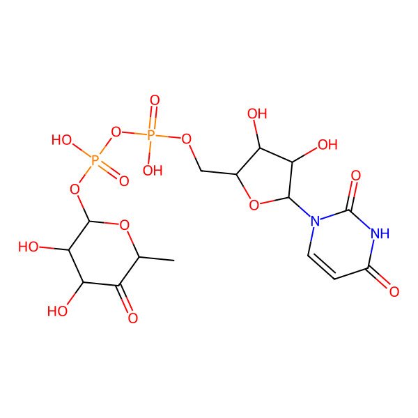 2D Structure of [(2R,3R,4S,6S)-3,4-dihydroxy-6-methyl-5-oxooxan-2-yl] [[(2R,3R,4S,5S)-5-(2,4-dioxopyrimidin-1-yl)-3,4-dihydroxyoxolan-2-yl]methoxy-hydroxyphosphoryl] hydrogen phosphate