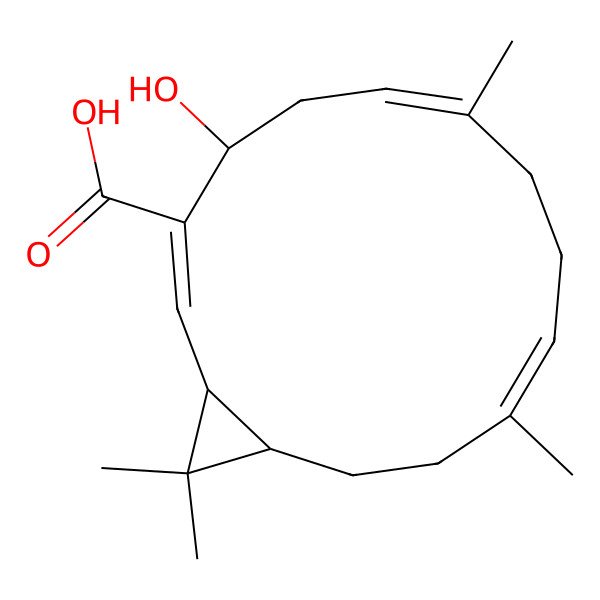 2D Structure of (1R,2Z,4S,6Z,10E,14S)-4-hydroxy-7,11,15,15-tetramethylbicyclo[12.1.0]pentadeca-2,6,10-triene-3-carboxylic acid
