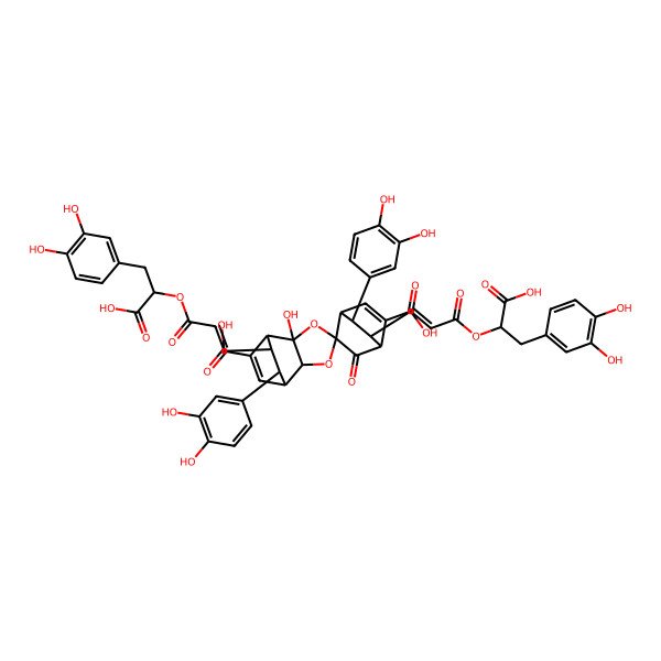 2D Structure of (1R,1'R,2R,2'R,3'S,4S,4'R,6S,7R,8R,9S)-6',11-bis[(E)-3-[(1R)-1-carboxy-2-(3,4-dihydroxyphenyl)ethoxy]-3-oxoprop-1-enyl]-3',9-bis(3,4-dihydroxyphenyl)-6-hydroxy-7'-oxospiro[3,5-dioxatricyclo[5.2.2.02,6]undec-10-ene-4,8'-bicyclo[2.2.2]oct-5-ene]-2',8-dicarboxylic acid