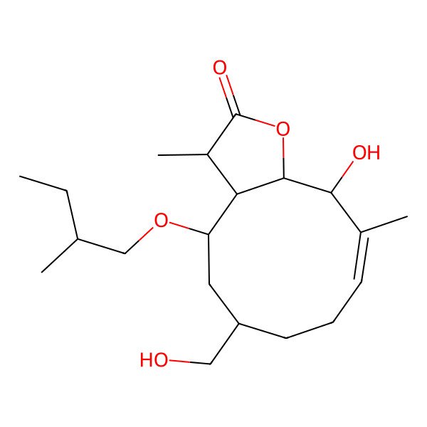 2D Structure of 11-hydroxy-6-(hydroxymethyl)-3,10-dimethyl-4-(2-methylbutoxy)-3a,4,5,6,7,8,11,11a-octahydro-3H-cyclodeca[b]furan-2-one