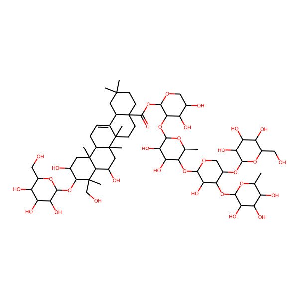 2D Structure of [(2S,3R,4S,5S)-3-[(2S,3R,4S,5R,6S)-3,4-dihydroxy-5-[(2S,3R,4R,5R)-3-hydroxy-5-[(2R,3R,4S,5S,6R)-3,4,5-trihydroxy-6-(hydroxymethyl)oxan-2-yl]oxy-4-[(2S,3R,4R,5R,6S)-3,4,5-trihydroxy-6-methyloxan-2-yl]oxyoxan-2-yl]oxy-6-methyloxan-2-yl]oxy-4,5-dihydroxyoxan-2-yl] (4aS,6aR,6aS,6bR,8R,8aR,9R,10R,11S,12aR,14bS)-8,11-dihydroxy-9-(hydroxymethyl)-2,2,6a,6b,9,12a-hexamethyl-10-[(2R,3R,4S,5S,6R)-3,4,5-trihydroxy-6-(hydroxymethyl)oxan-2-yl]oxy-1,3,4,5,6,6a,7,8,8a,10,11,12,13,14b-tetradecahydropicene-4a-carboxylate