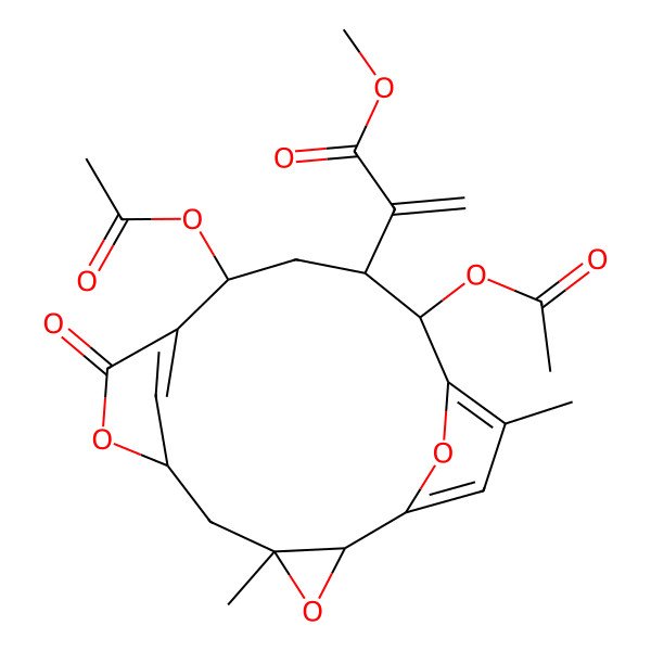 2D Structure of methyl 2-[(2R,4R,6S,10S,12S,13S)-10,13-diacetyloxy-4,15-dimethyl-8-oxo-3,7,17-trioxatetracyclo[12.2.1.16,9.02,4]octadeca-1(16),9(18),14-trien-12-yl]prop-2-enoate