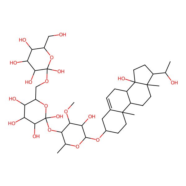 2D Structure of (2S,3S,5S)-6-(hydroxymethyl)-2-[[(3S,5S,6R)-3,4,5,6-tetrahydroxy-6-[(3S,5S,6R)-5-hydroxy-6-[[(3S,10R,13R,14S,17S)-14-hydroxy-17-(1-hydroxyethyl)-10,13-dimethyl-1,2,3,4,7,8,9,11,12,15,16,17-dodecahydrocyclopenta[a]phenanthren-3-yl]oxy]-4-methoxy-2-methyloxan-3-yl]oxyoxan-2-yl]methoxy]oxane-2,3,4,5-tetrol